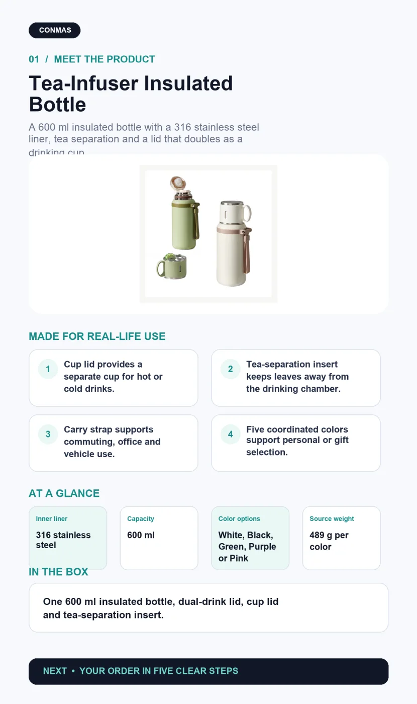 600 ml 316 Stainless Steel Tea-Infuser Insulated Bottle with Cup Lid product overview and key specifications