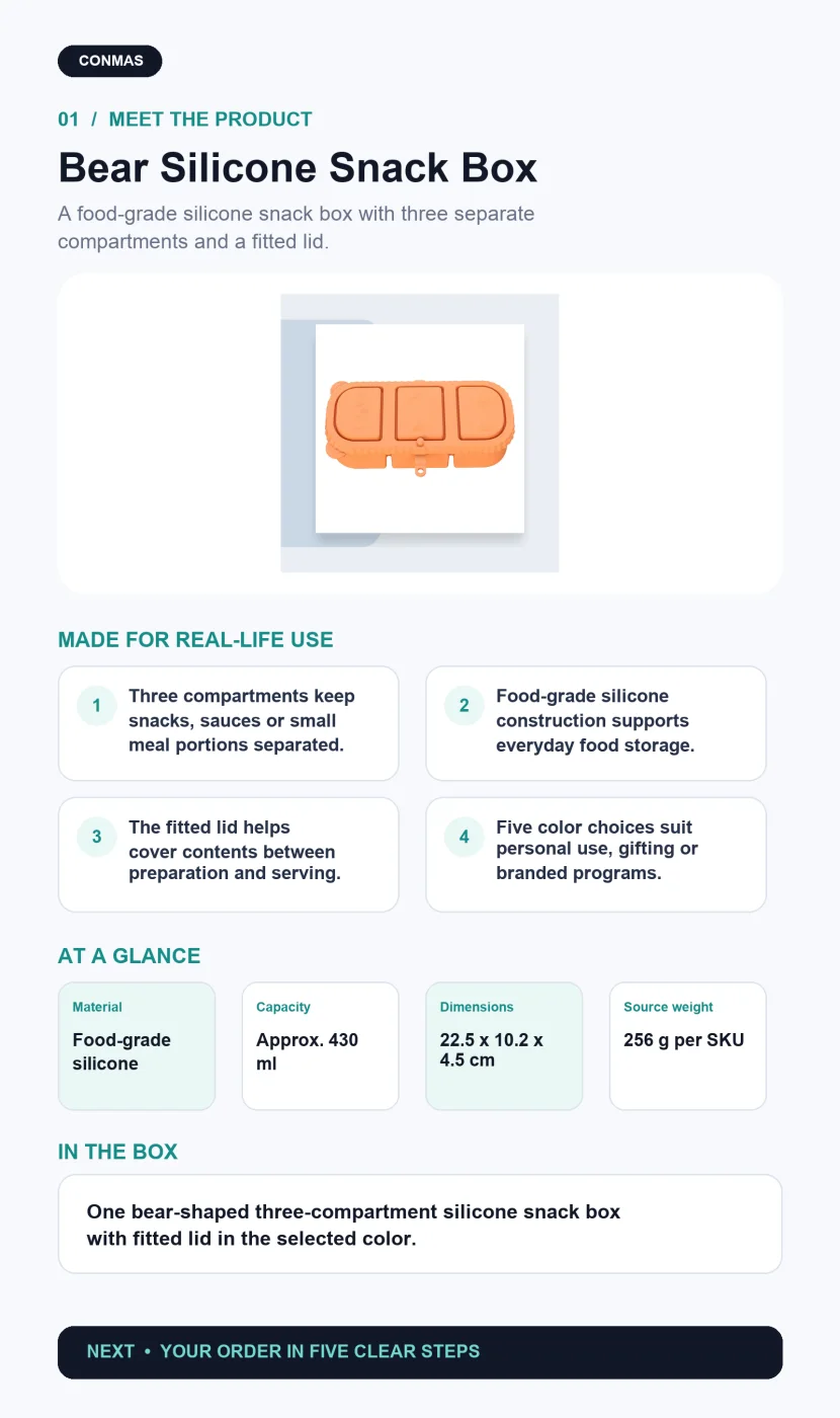 Bear-shaped silicone snack box overview