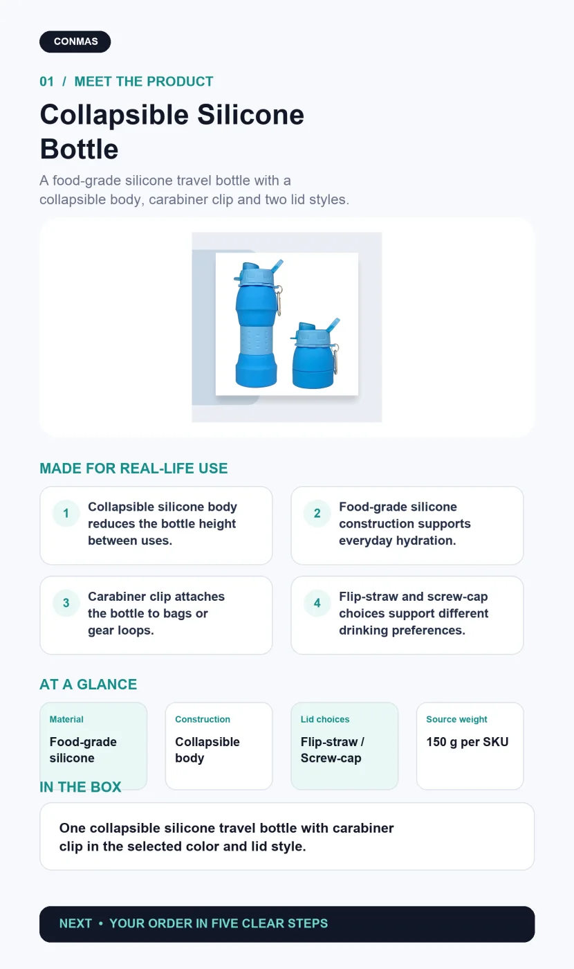 Collapsible silicone bottle overview