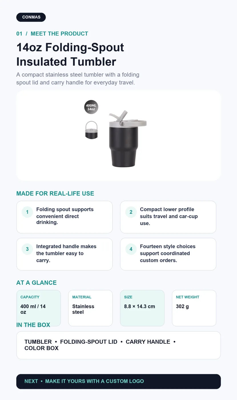 Custom 14oz Folding-Spout Stainless Steel Insulated Car Tumbler product overview and key specifications