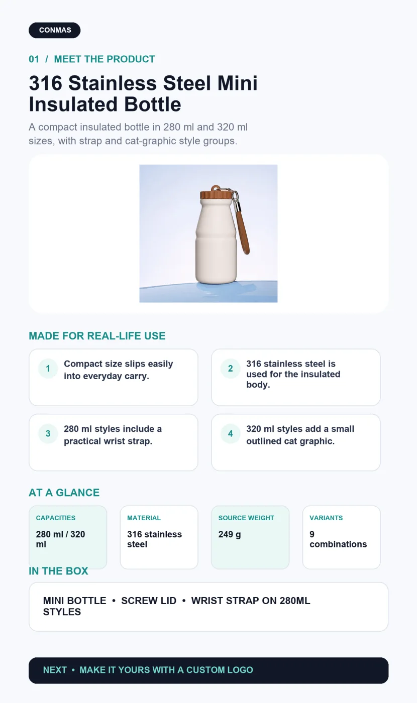 Custom 280ml / 320ml 316 Stainless Steel Mini Insulated Bottle product overview and key specifications