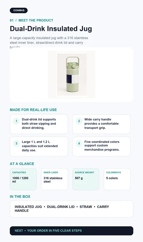 Custom 1L / 1.2L 316 Stainless Steel Dual-Drink Insulated Jug product overview and key specifications