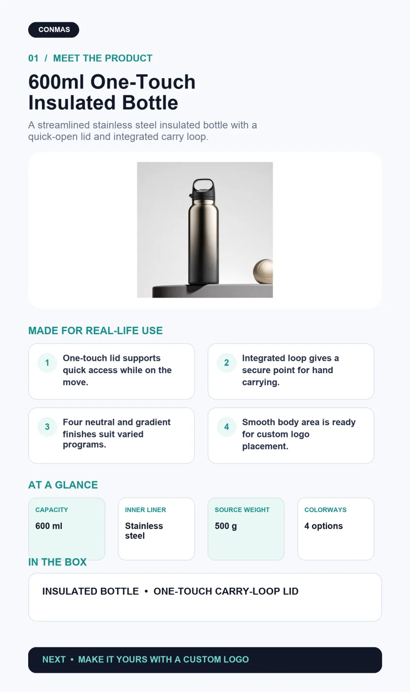 Custom Logo 600ml One-Touch Stainless Steel Insulated Bottle product overview and key specifications