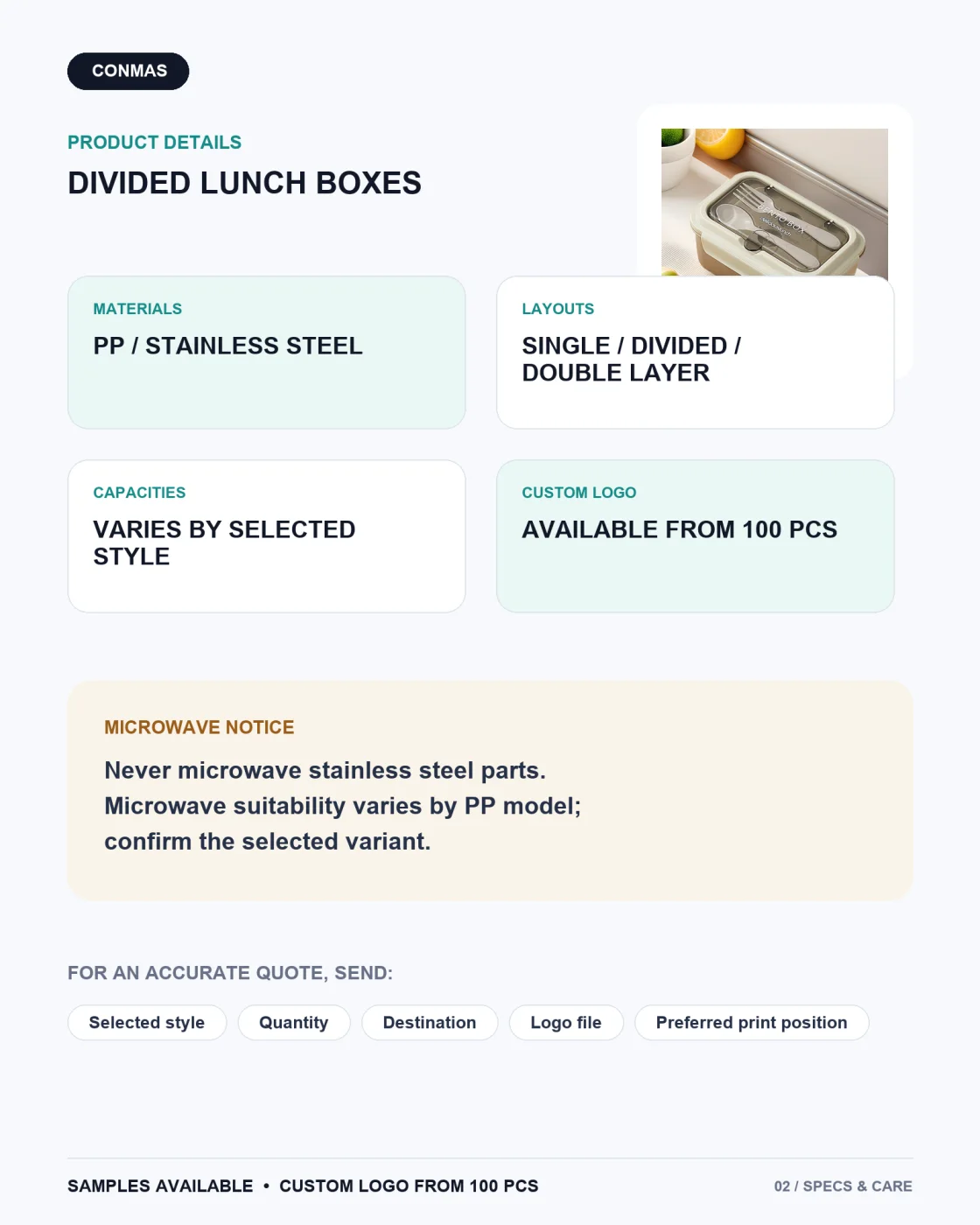 PP and stainless steel divided lunch box specifications and care information