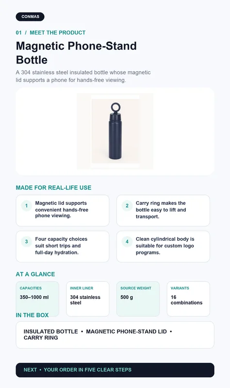 Custom 350ml–1000ml Magnetic Phone-Stand Stainless Steel Bottle product overview and key specifications