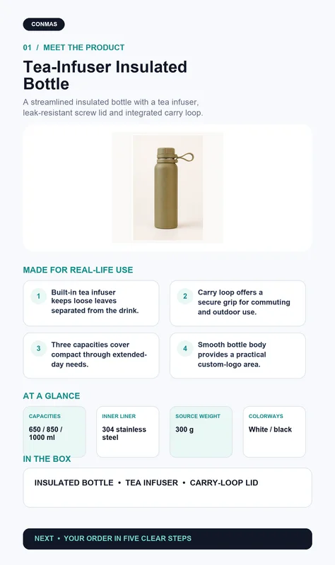 Custom 650ml–1000ml Stainless Steel Tea-Infuser Insulated Bottle product overview and key specifications