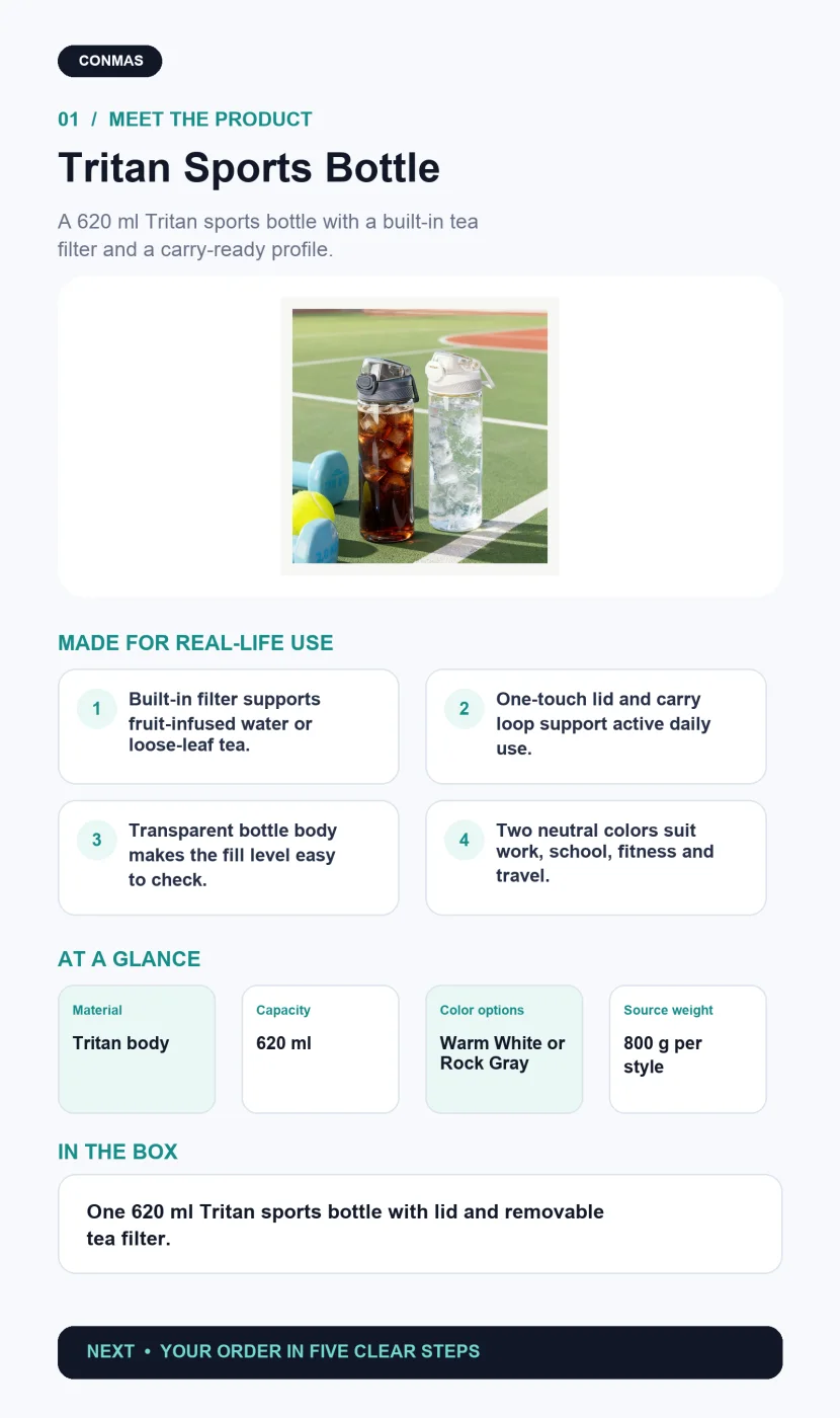 Large-Capacity Tritan Sports Water Bottle with Tea Filter product overview and key specifications