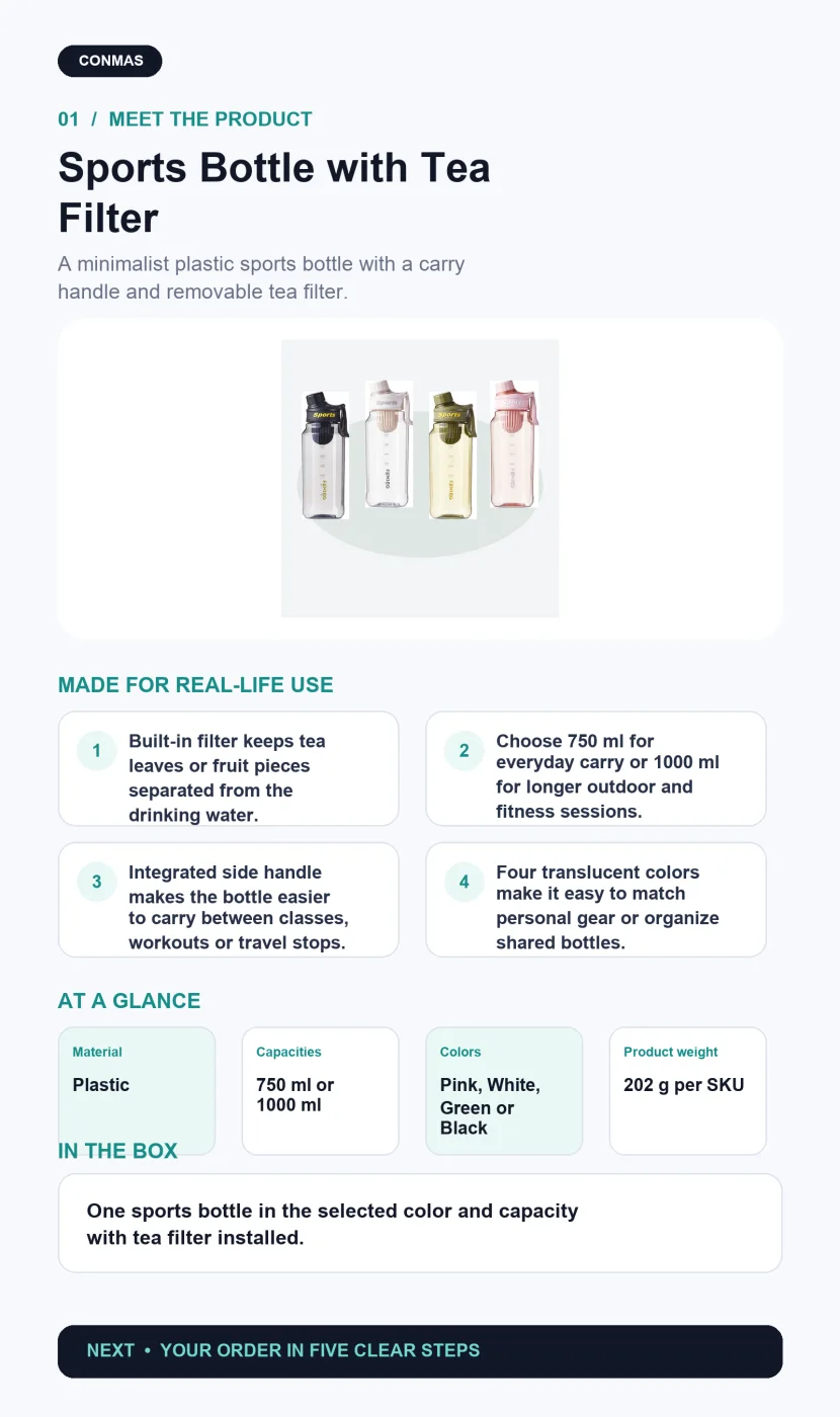Sports bottle with tea filter product overview