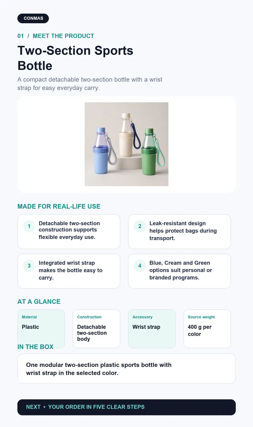 Modular two-section plastic sports bottle features and specifications
