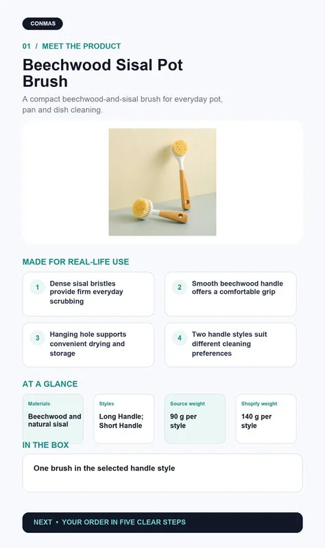 Natural Beechwood Sisal Pot Brush – Long or Short Handle product overview and key specifications