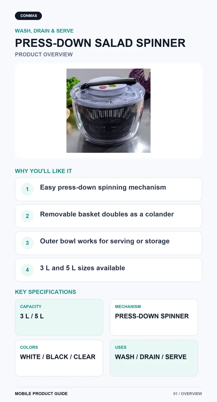 Press-Down Salad Spinner and Draining Bowl mobile product overview