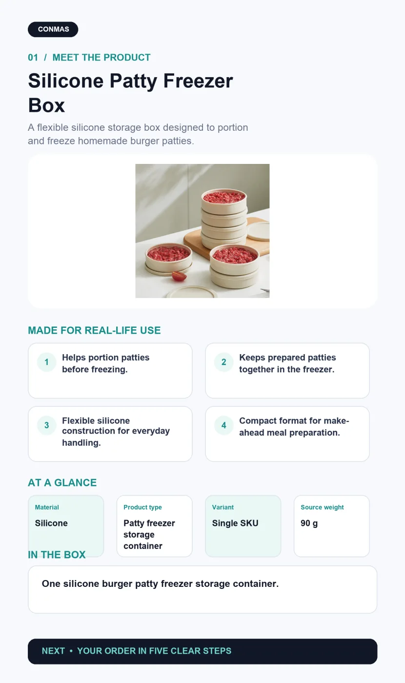 Silicone Burger Patty Freezer Storage Container product overview and key specifications