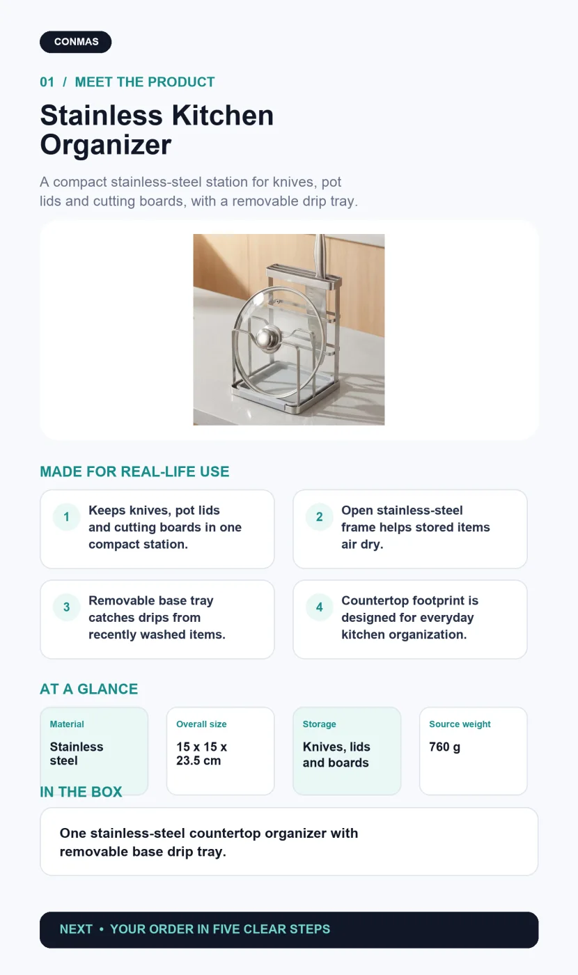 Stainless Steel Knife, Lid and Cutting Board Organizer product overview and key specifications